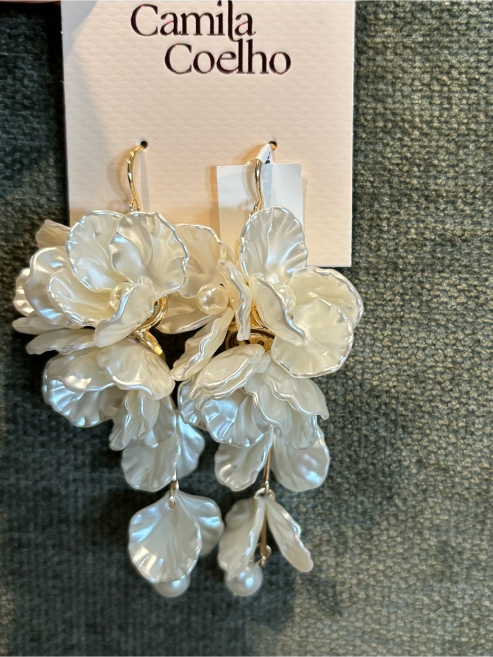 Camila Coelho Pearl White Floral Cluster Drop Earrings with Gold Accents